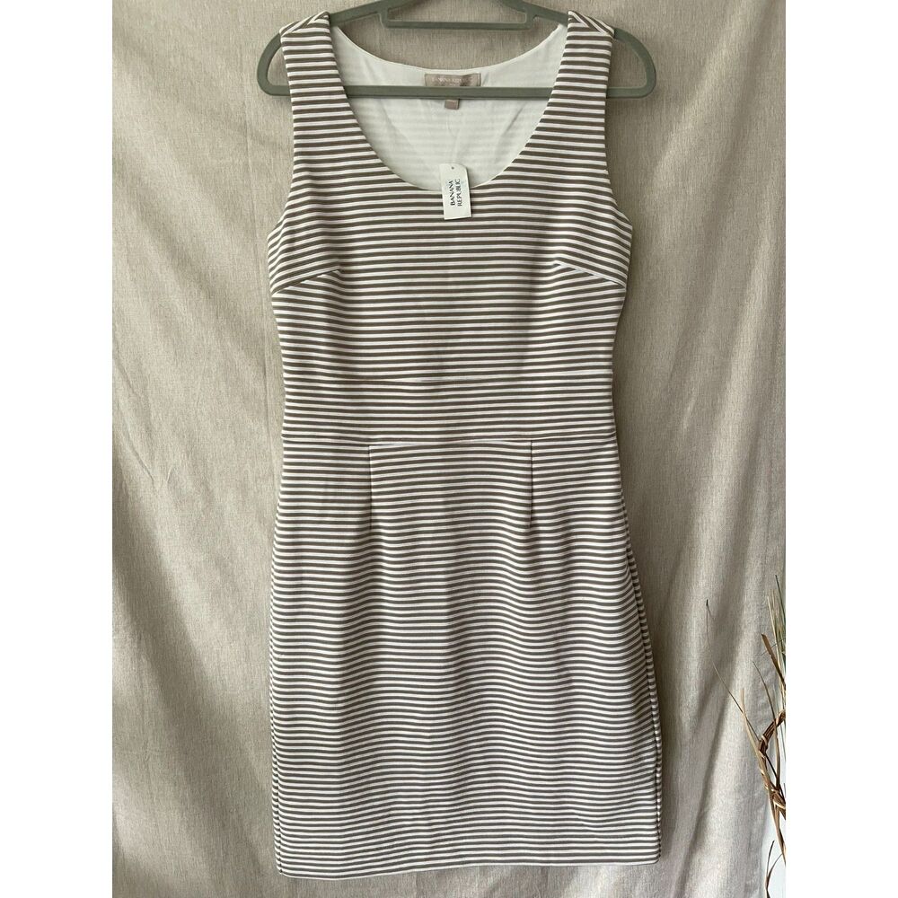 NWT Banana Republic Beige White Striped Sleeveless Sheath Dress Size 6